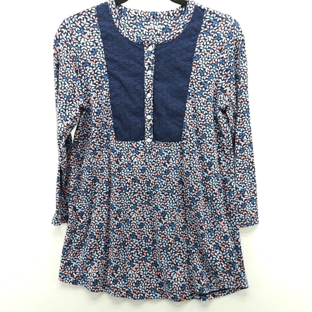 Lands' End Shirt Womens Small Blue Floral Tunic Eyelet Panel Long Sleeve 521690